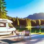 A scenic camper van parked beside a serene lake, surrounded by lush forests and mountains under a clear blue sky