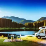 A scenic camper van parked beside a serene lake, surrounded by lush forests and mountains under a clear blue sky