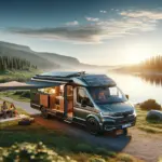 a modern camper van parked at a scenic location. The camper van is equipped with solar panels on its roof