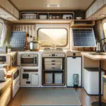 a modern, fully equipped camper van. The image should showcase a compact kitchen unit