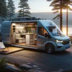 a van converted into a cozy camper. The van is parked in a natural setting, surrounded by trees