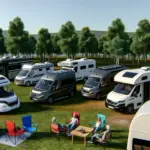 different types of camper vans and motorhomes parked together in a scenic campground. The vehicles range from compact camper vans