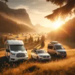 three different campers parked in a beautiful natural landscape during sunset