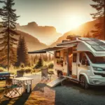 well-maintained camper van parked in a scenic natural setting, surrounded by trees and mountains in the distance